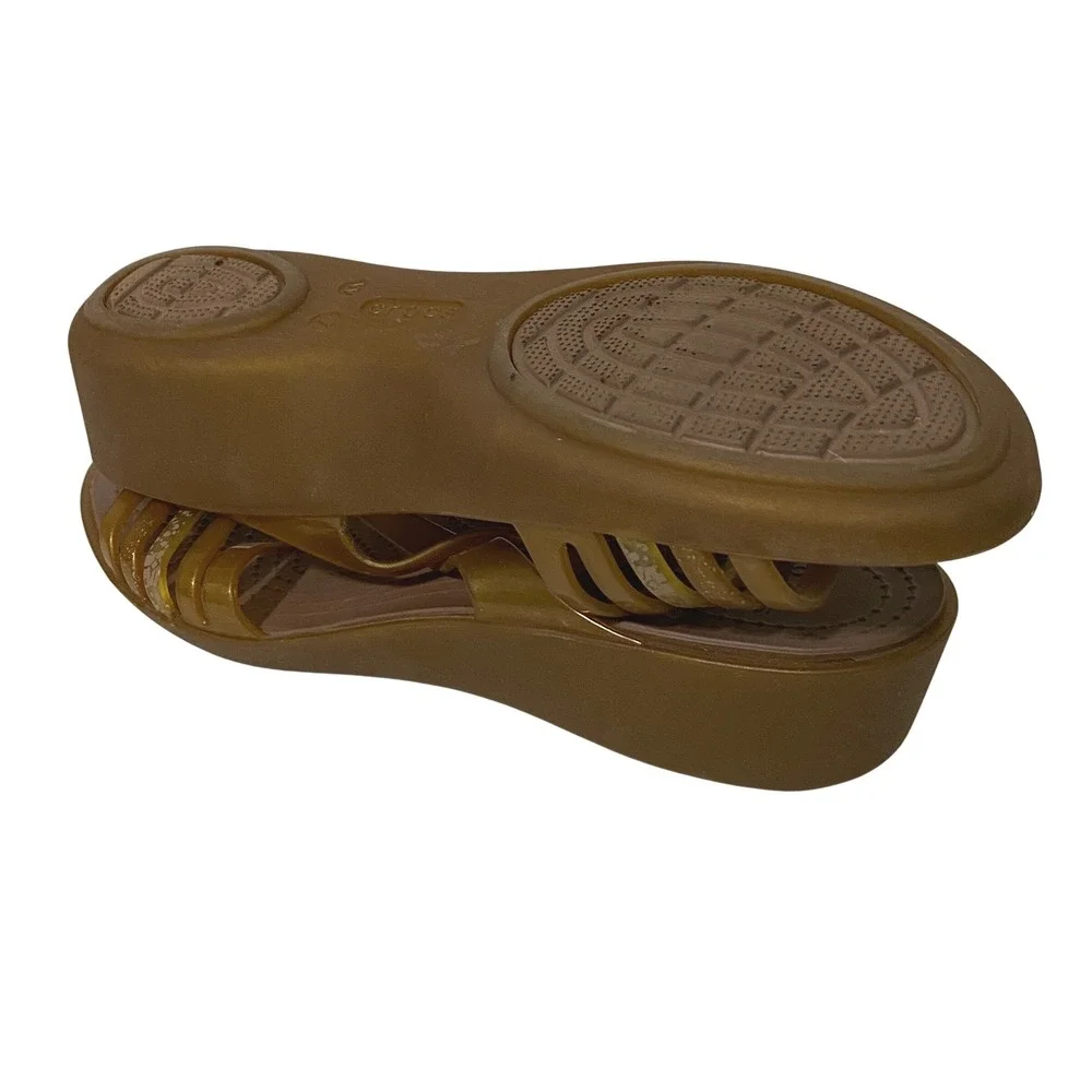 Crocs Isabella Strappy Mini Wedge Sandals Bronze Gold Glitter Slides Womens 7